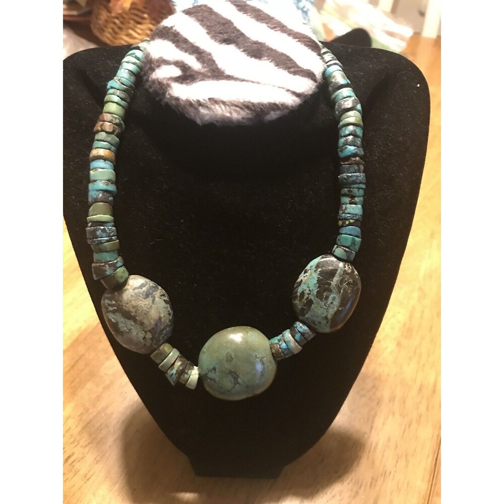 Genuine Turquoise Beaded Necklace 16"  Chunky and Heishi Stone Toggle Clasp